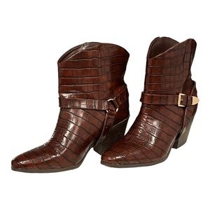 Justfab Womens  Booties Elora Dark Brown Crocodile Embossed Block Heel Size 10